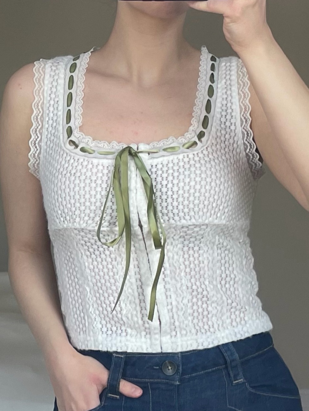 White Crochet Camisole with Olive Ribbon Accent